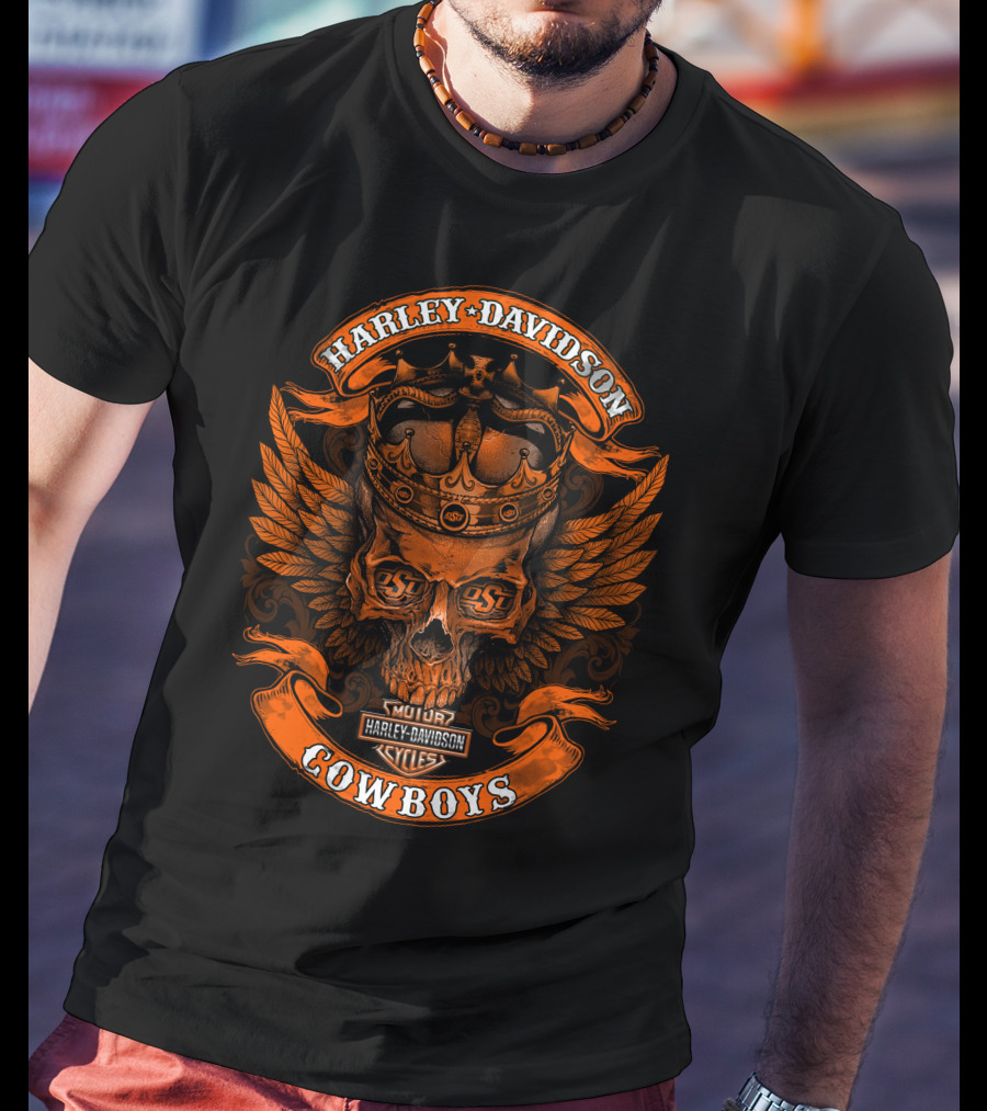 Harley Davidson Motorcycles Osu Cowboys Skull Wings T-Shirt