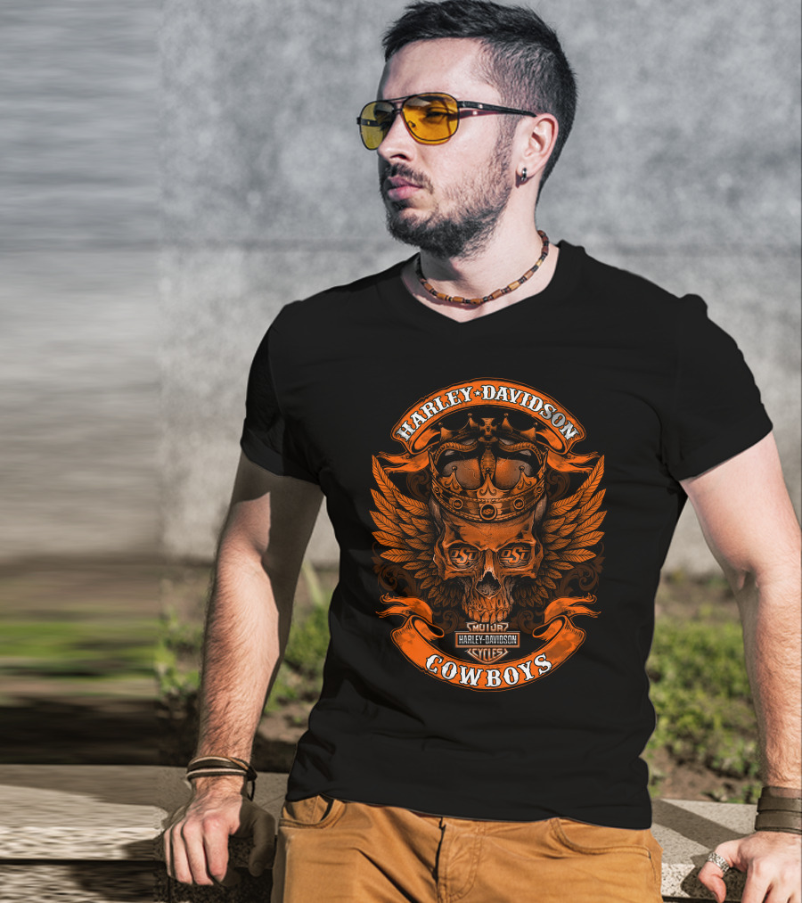 Harley Davidson Motorcycles Osu Cowboys Skull Wings T-Shirt