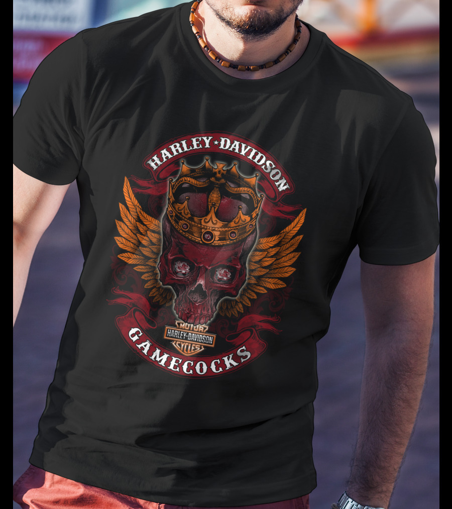 Harley Davidson Motor Cycles Skull Crown Wings Gamecocks T-Shirt
