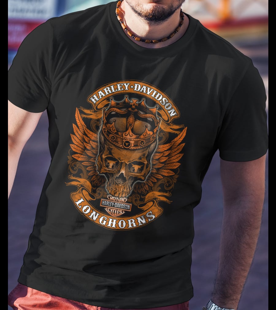Harley Davidson Longhorns Skull Crown Wings T-Shirt
