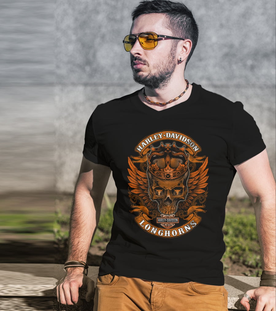 Harley Davidson Longhorns Skull Crown Wings T-Shirt