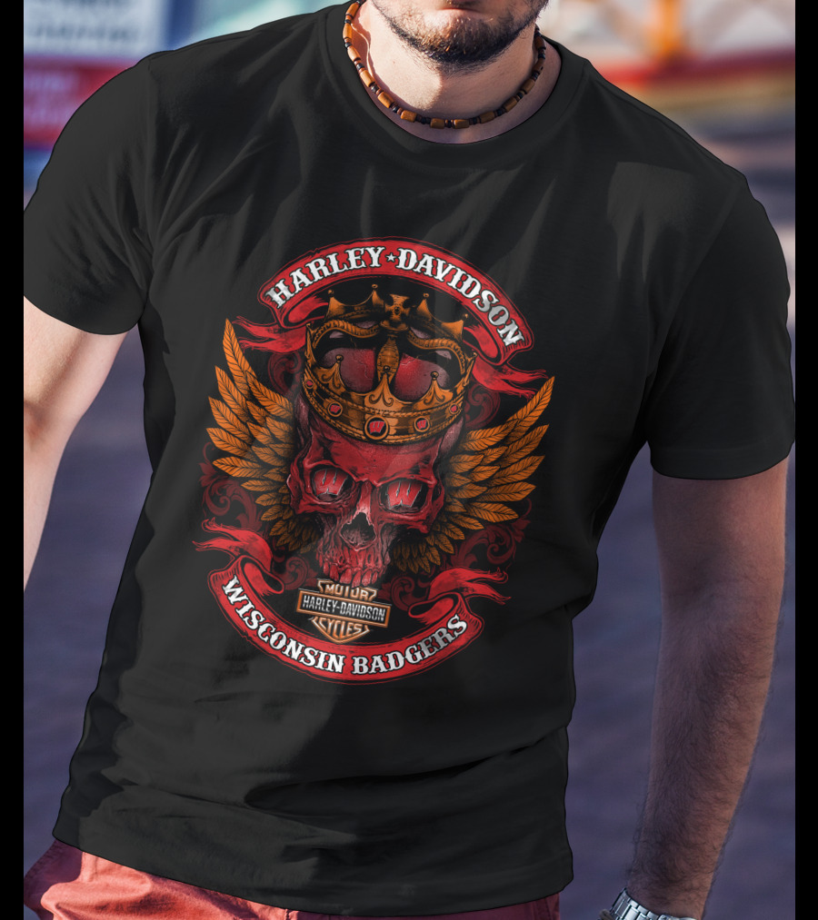 Harley Davidson Crowned Skull Wisconsin Badgers Mqt Cycles T-Shirt