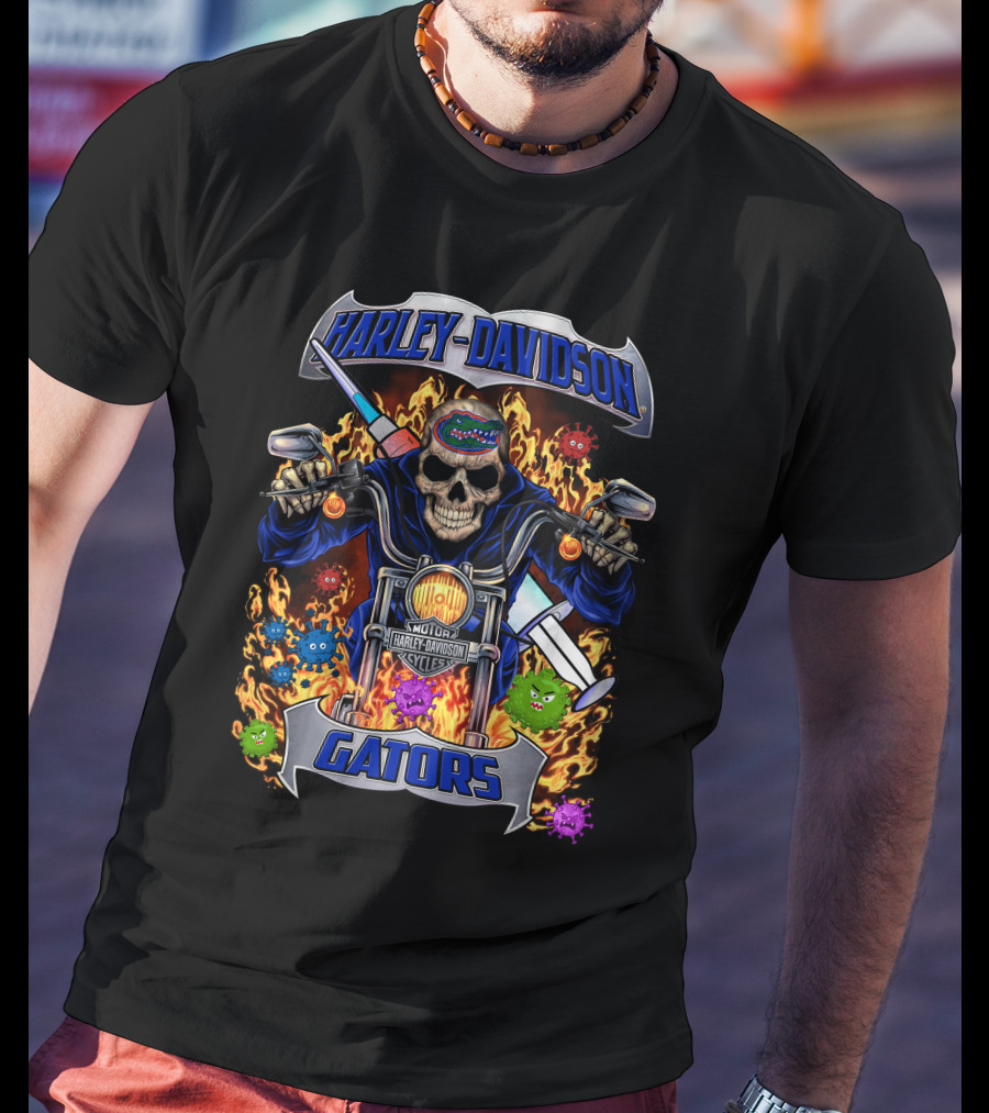 Harley Davidson Gators Skull Motorcycle Flames T-Shirt