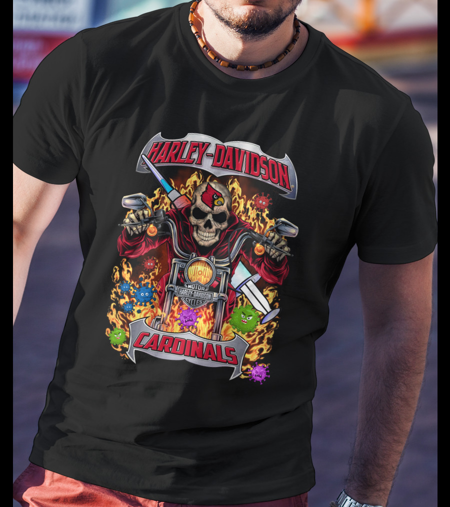 Harley Davidson Motor Cycles Cardinals Skull Flames T-Shirt