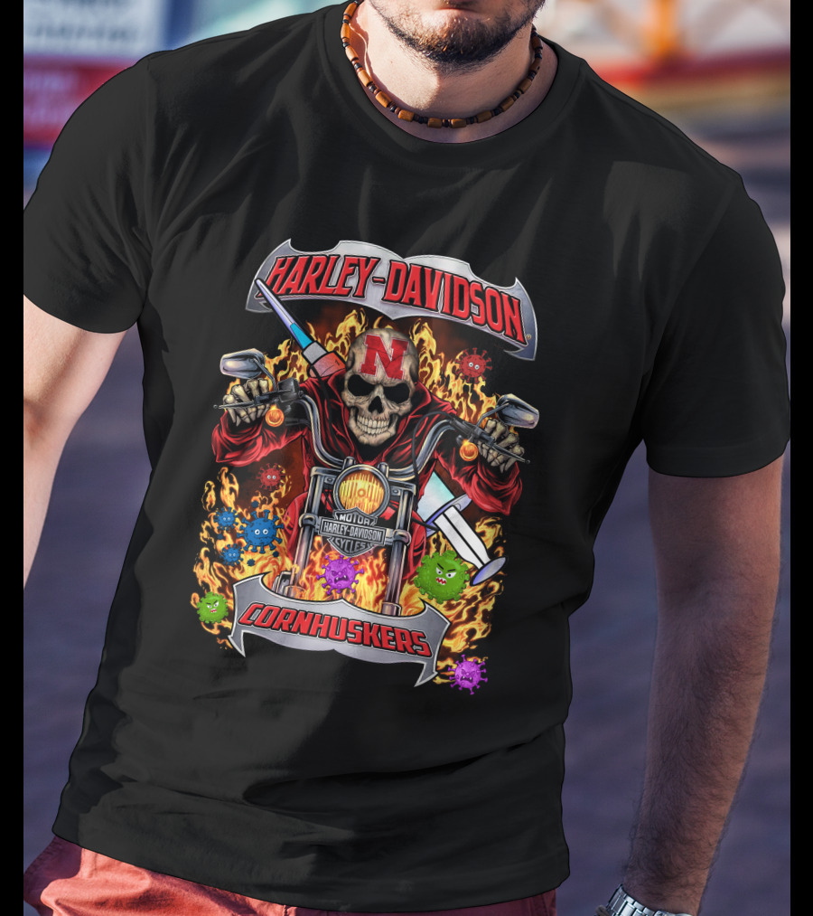 Harley Davidson Nebraska Cornhuskers Skulls Flames Motorcycles T-Shirt