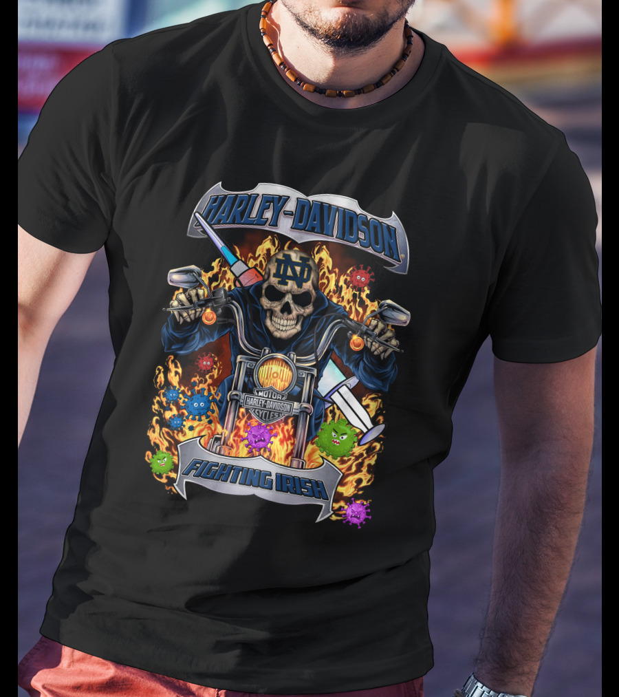 Harley Davidson Notre Dame Fighting Irish Skull Motorcycle Flames Viruses T-Shirt