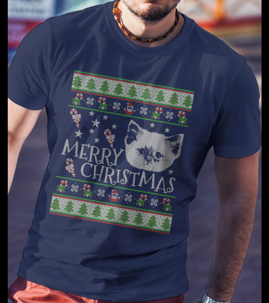 Merry Christmas Cute Persian Kitten Candy Canes Snowflakes Trees T-Shirt