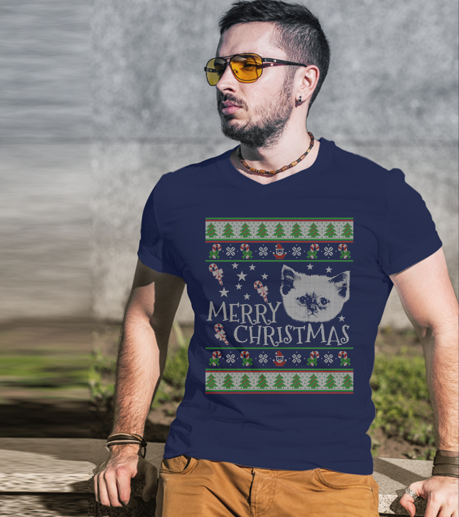 Merry Christmas Cute Persian Kitten Candy Canes Snowflakes Trees T-Shirt