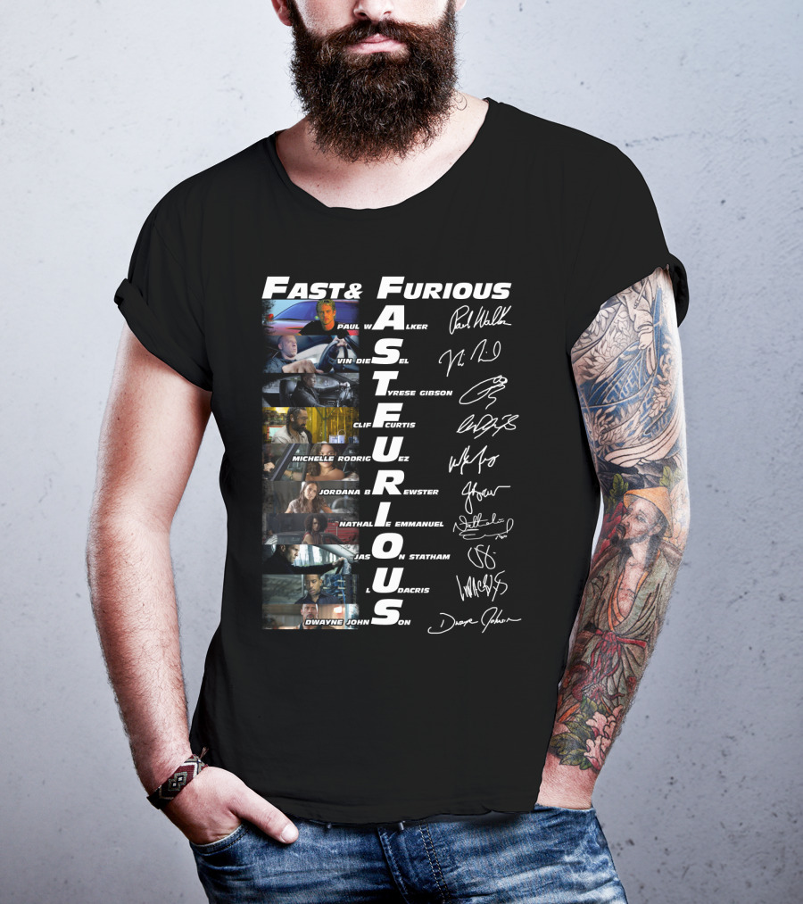 Fast And Furious Paul Walker Vin Diesel Tyrese Gibson Michelle Rodriguez Cast Signatures Thank You For The Memories T-Shirt