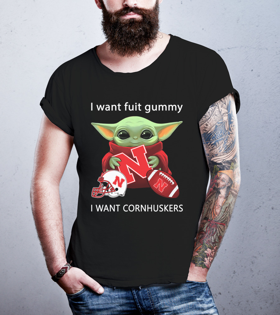 I Want Fuit Gummy I Want Cornhuskers Yoda With Nebraska Football Helmet And Ball T-Shirt