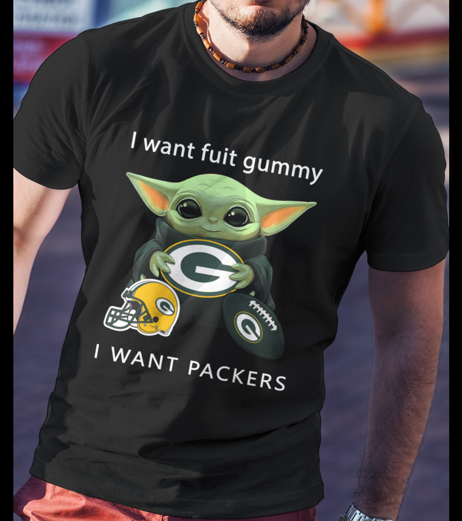 I Want Fruit Gummy I Want Packers Green Bay Packers Baby Yoda Helmet Football T-Shirt