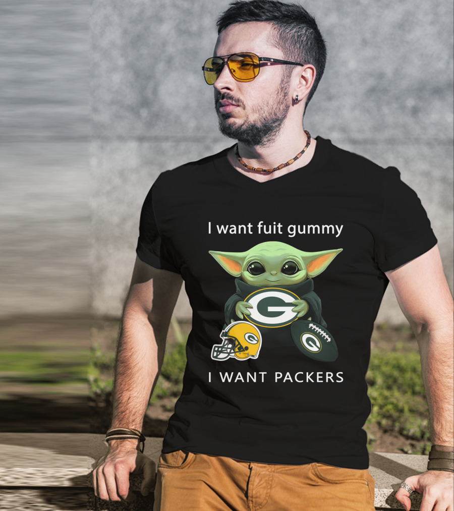 I Want Fruit Gummy I Want Packers Green Bay Packers Baby Yoda Helmet Football T-Shirt