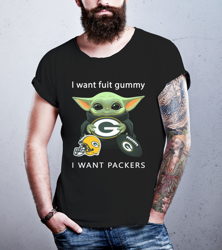 I Want Fruit Gummy I Want Packers Green Bay Packers Baby Yoda Helmet Football T-Shirt