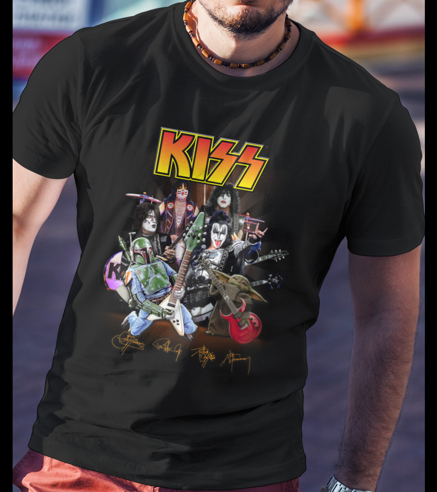 Kiss Star Wars Crossover With Boba Fett And Grogu Guitar Band Members T-Shirt