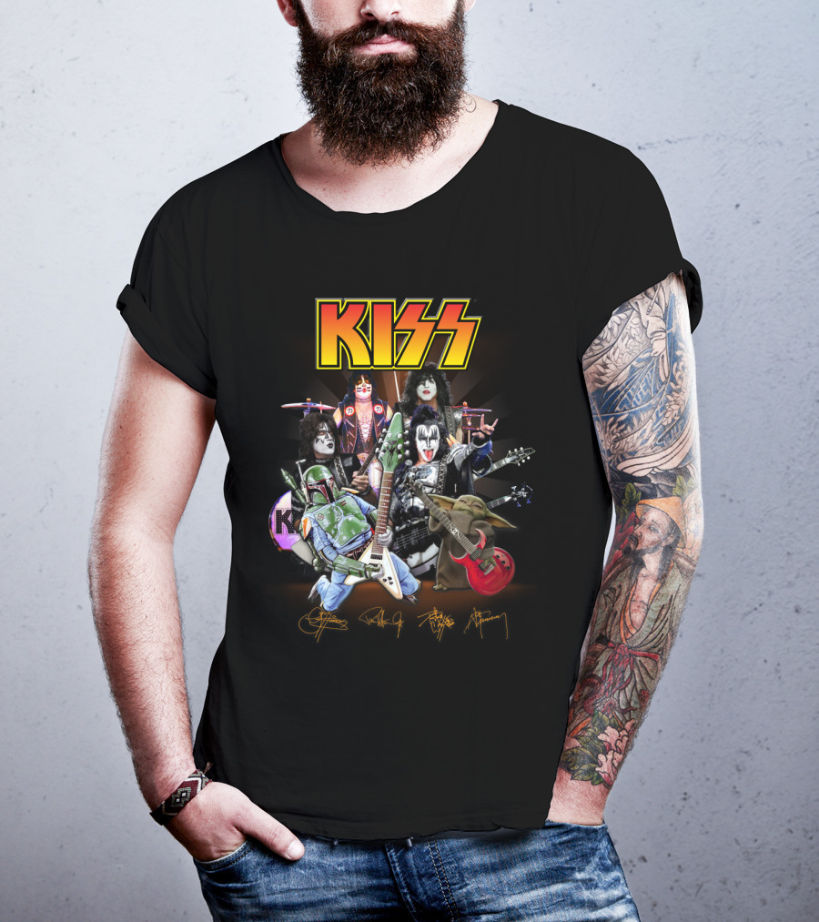 Kiss Star Wars Crossover With Boba Fett And Grogu Guitar Band Members T-Shirt