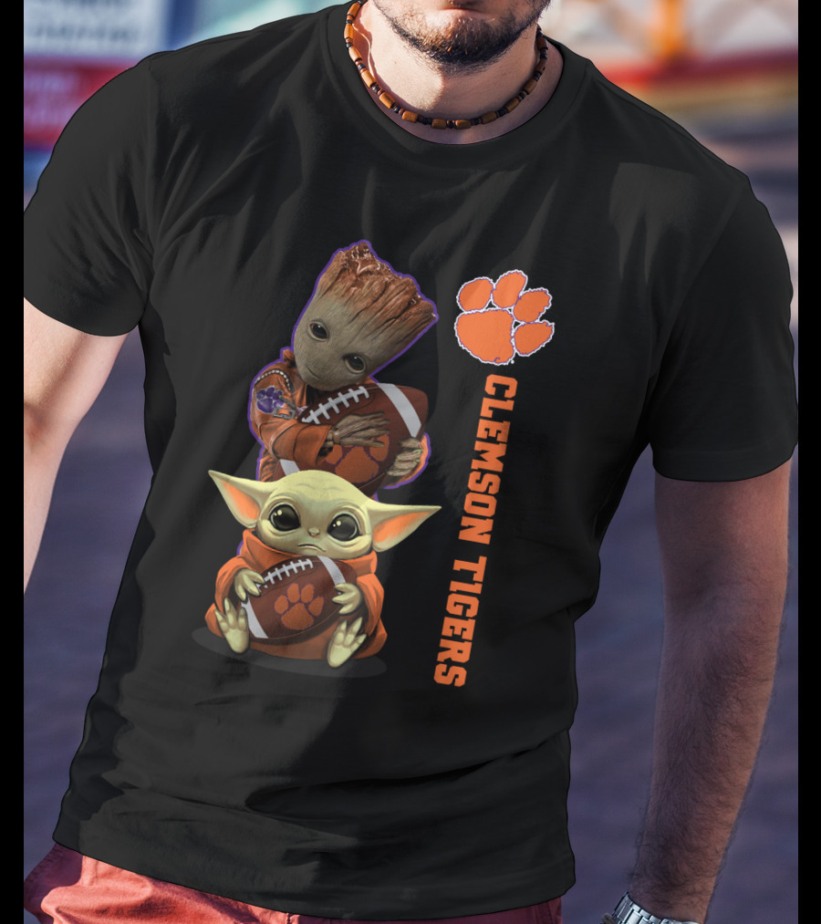 Clemson Tigers Ncaa Baby Groot And Baby Yoda Football Fans T-Shirt