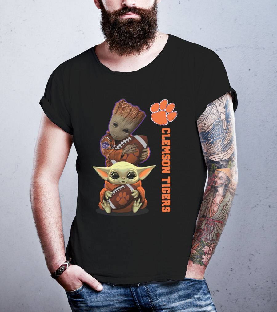 Clemson Tigers Ncaa Baby Groot And Baby Yoda Football Fans T-Shirt
