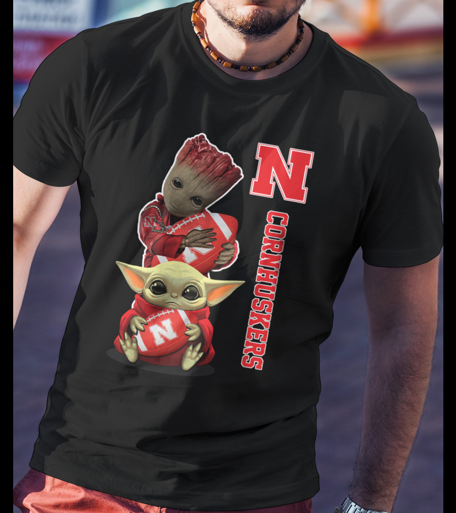 Nebraska Cornhuskers Groot And Baby Yoda Football T-Shirt