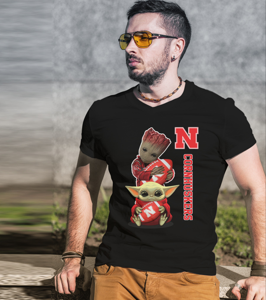 Nebraska Cornhuskers Groot And Baby Yoda Football T-Shirt