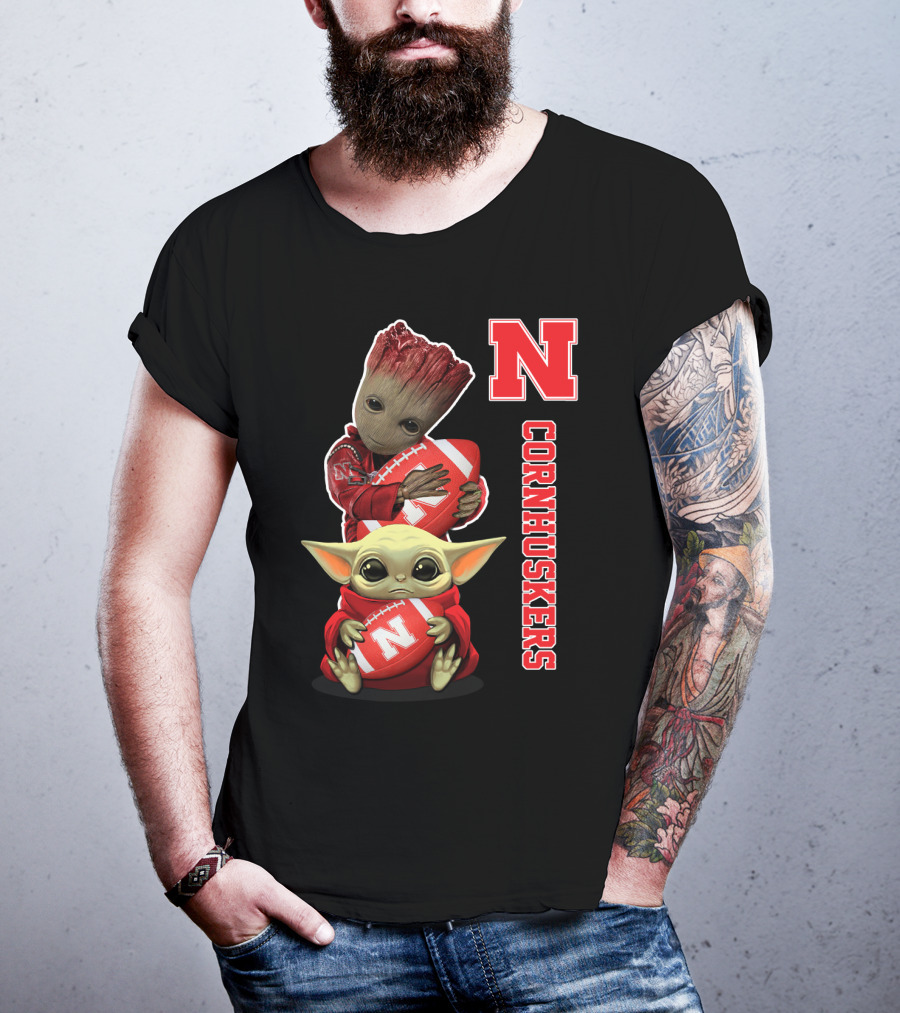 Nebraska Cornhuskers Groot And Baby Yoda Football T-Shirt