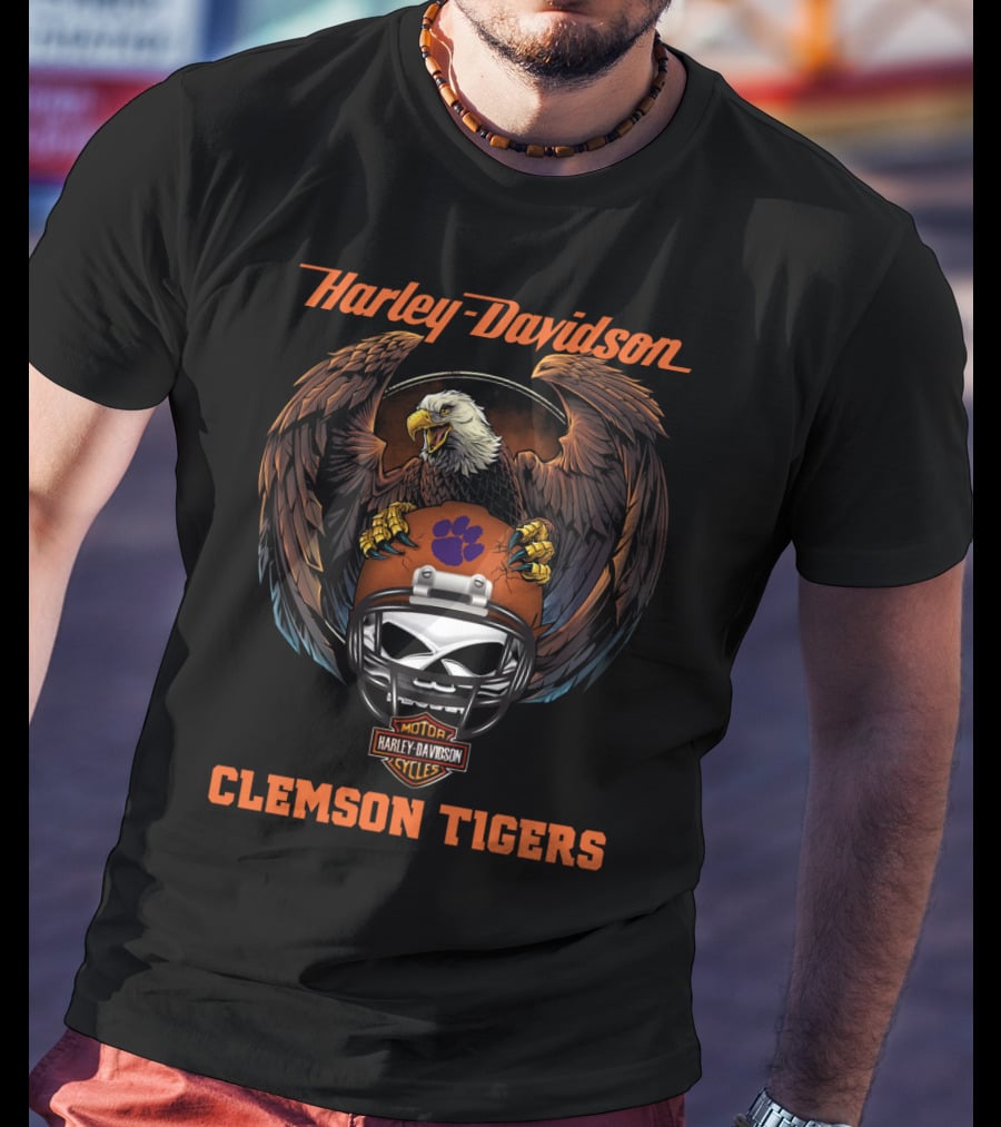 Harley Davidson Clemson Tigers Ncaa Football Skull Helmet Eagle T-Shirt