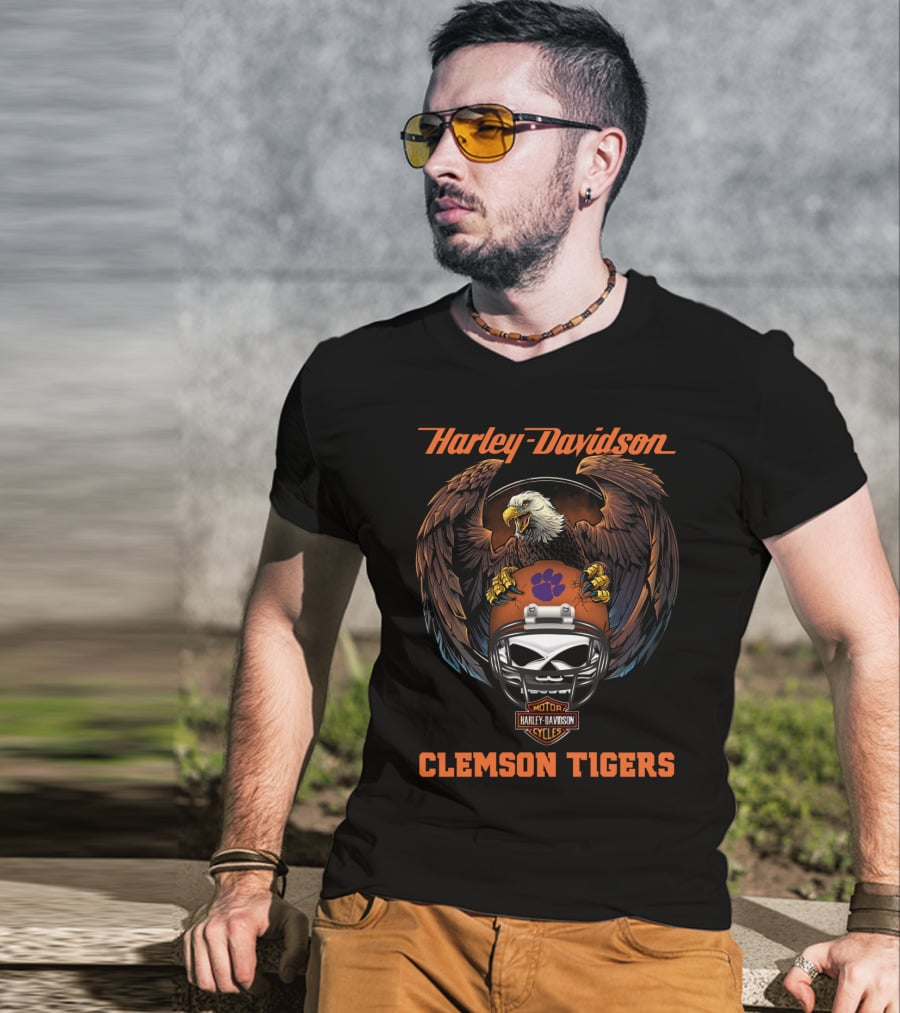 Harley Davidson Clemson Tigers Ncaa Football Skull Helmet Eagle T-Shirt