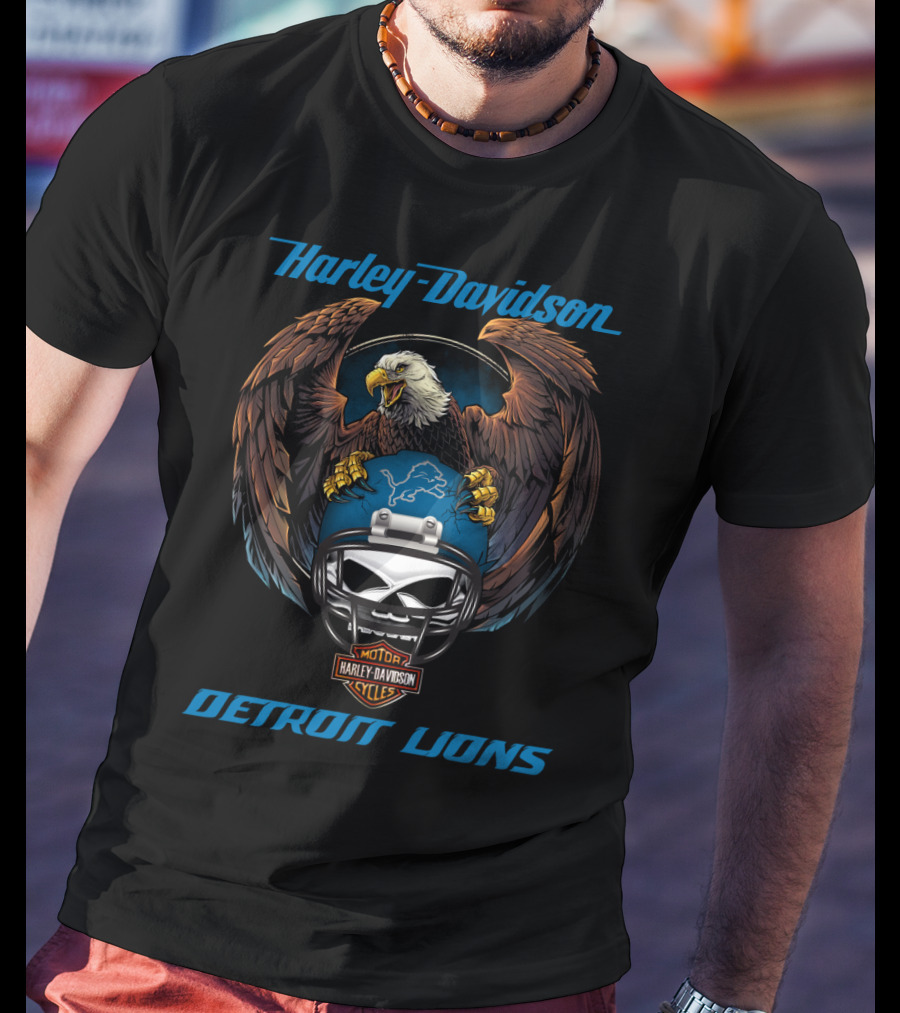 Harley Davidson Detroit Lions Eagle Helmet Nfl Motorcycles T-Shirt