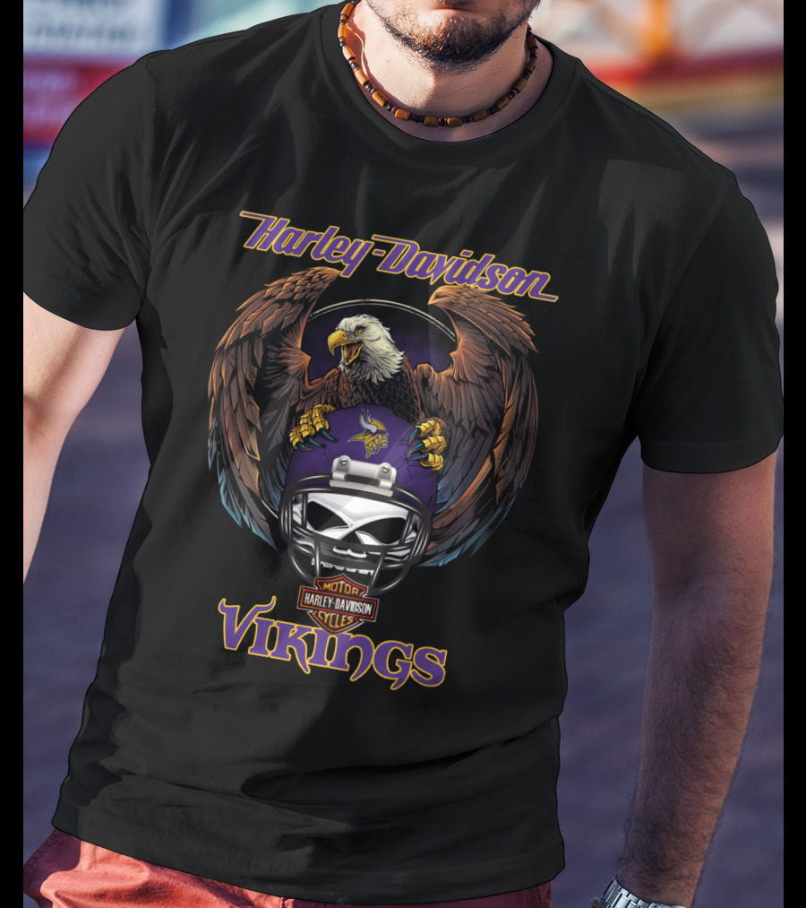 Harley Davidson Motor Cycles Vikings Nfl Eagle Helmet T-Shirt