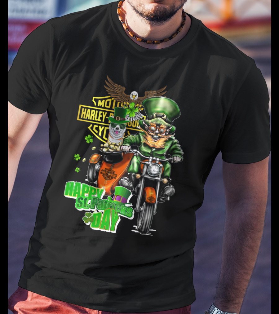 Harley Davidson St. Patrick's Day Leprechaun Riding Motorcycle With Akita Dog T-Shirt