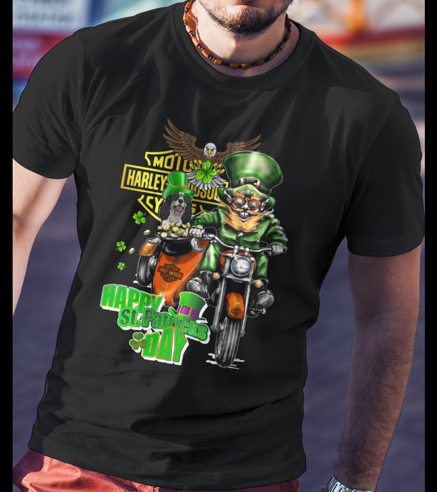 Harley Davidson Happy St. Patrick's Day Cavalier King Charles Spaniel Motorcycle Rider T-Shirt