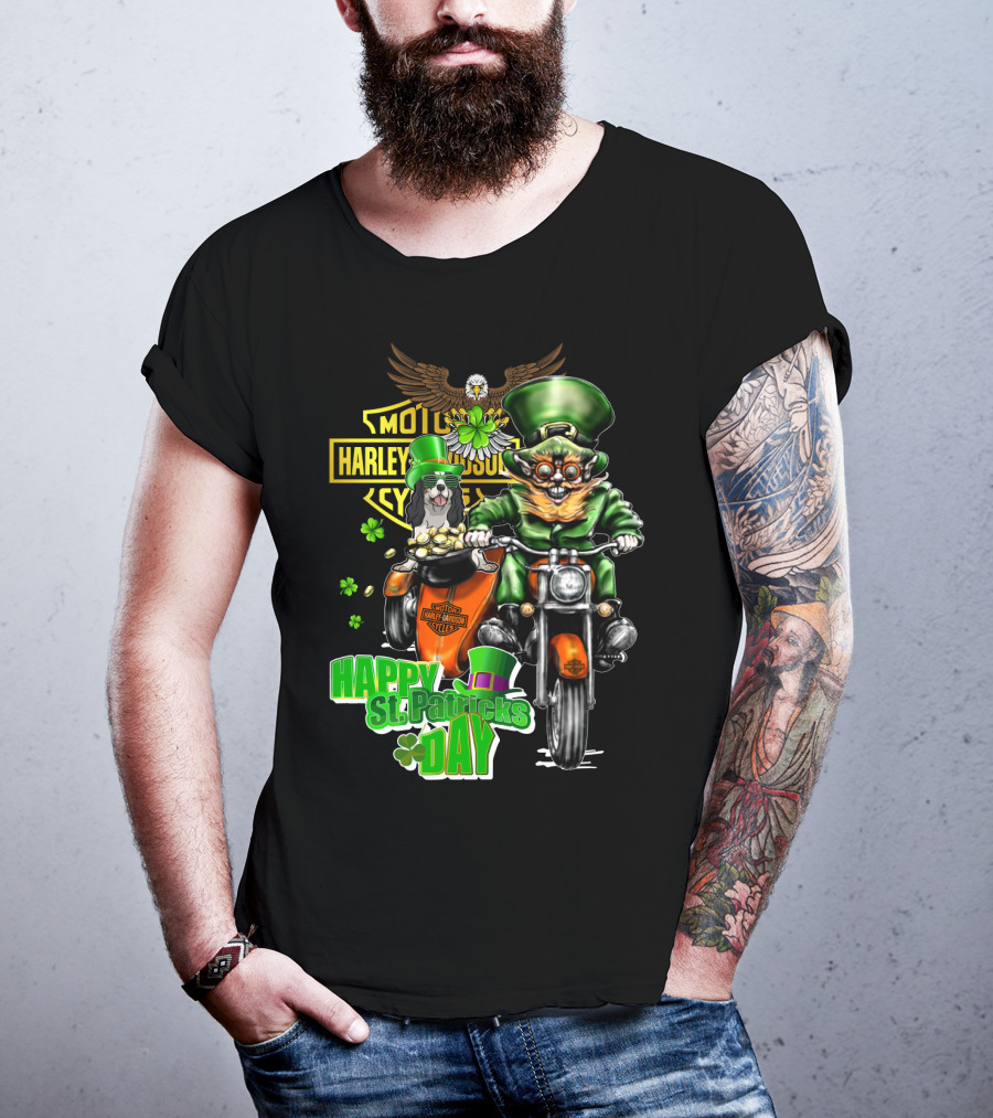 Harley Davidson Happy St. Patrick's Day Cavalier King Charles Spaniel Motorcycle Rider T-Shirt