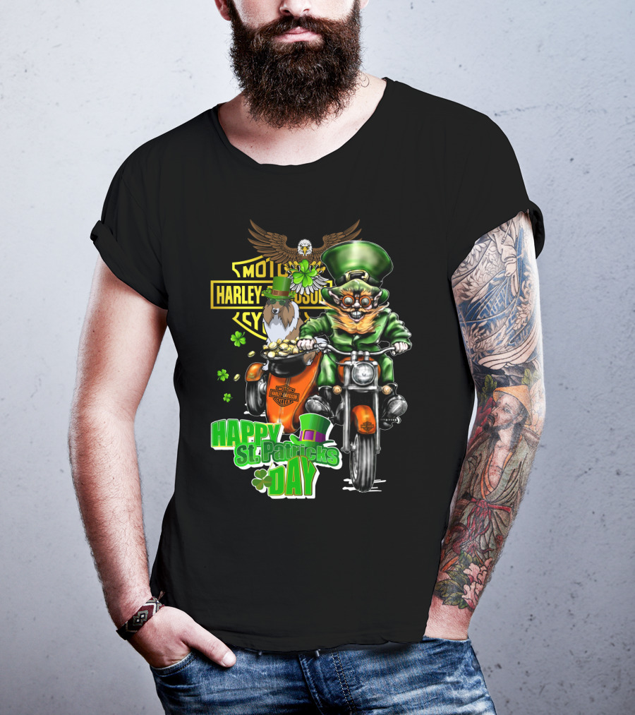 Happy St. Patrick's Day Harley Davidson Motorcycle Leprechaun Eagle T-Shirt