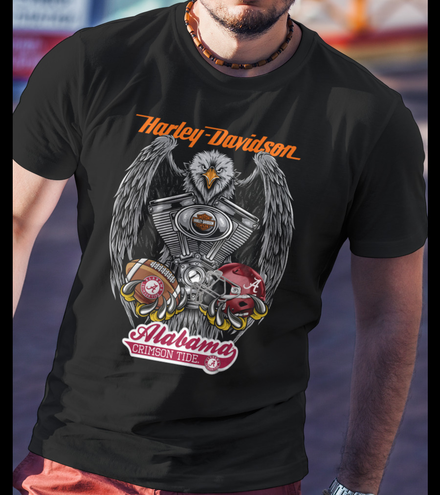 Harley Davidson Alabama Crimson Tide Ncaa Football Helmet And Eagle T-Shirt