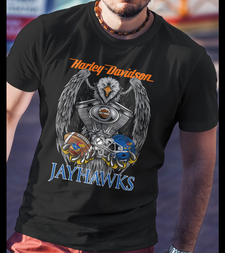 Harley Davidson Jayhawks Kansas Football Helmet And Ball T-Shirt