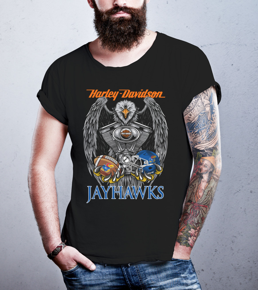 Harley Davidson Jayhawks Kansas Football Helmet And Ball T-Shirt