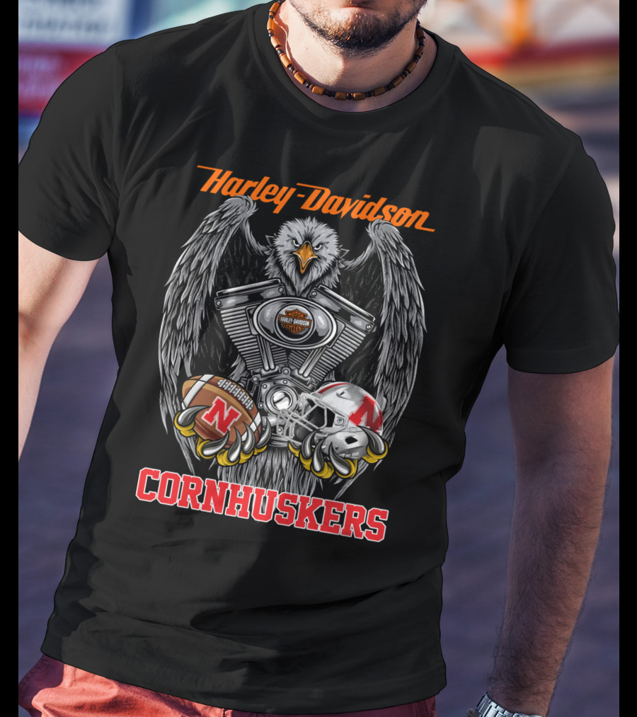 Harley Davidson Cornhuskers Eagle Football Ncaa Helmet Ball T-Shirt