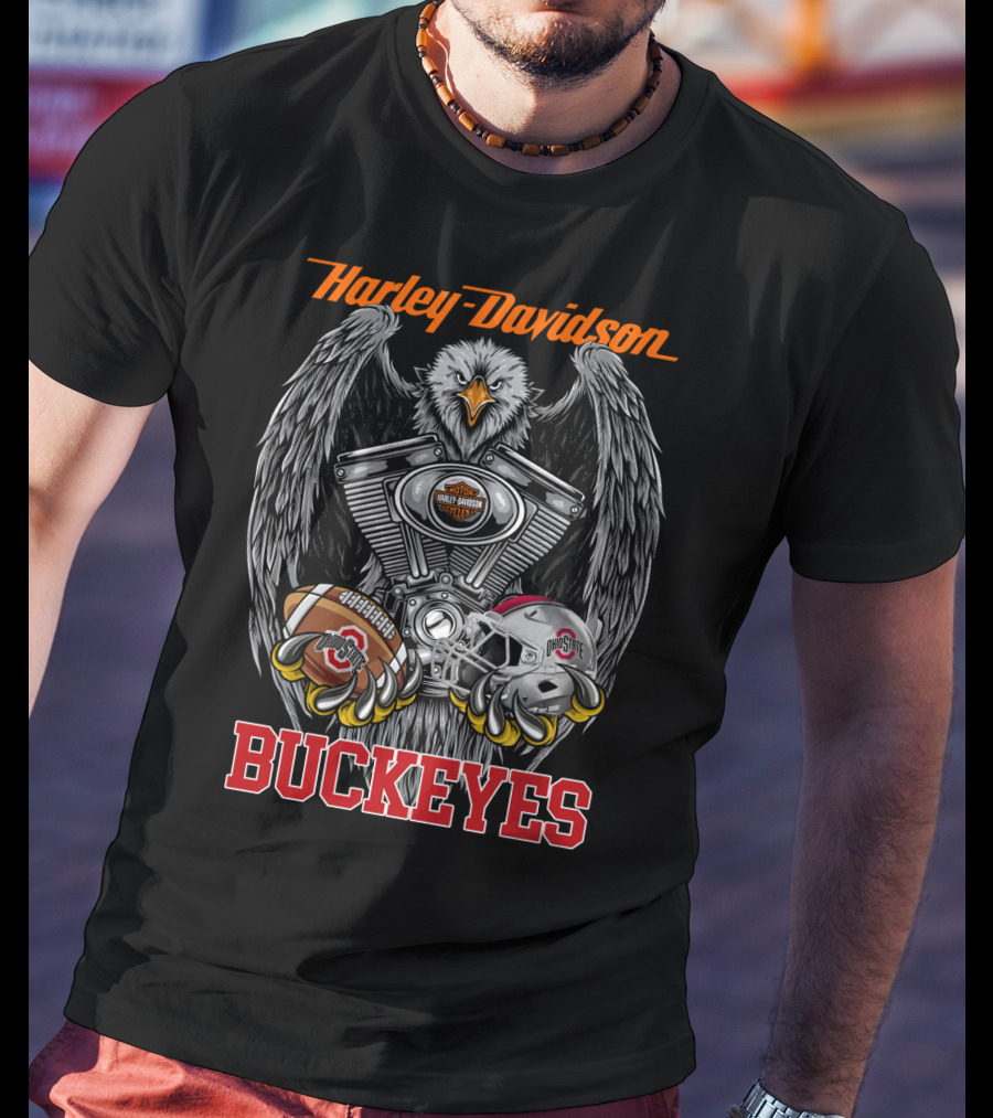 Harley Davidson Buckeyes Eagle Football Helmet And Engine T-Shirt