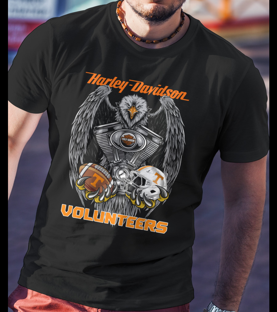 Harley Davidson Volunteers Ncaa Football Tennessee Helmet And Ball Eagle Engine T-Shirt