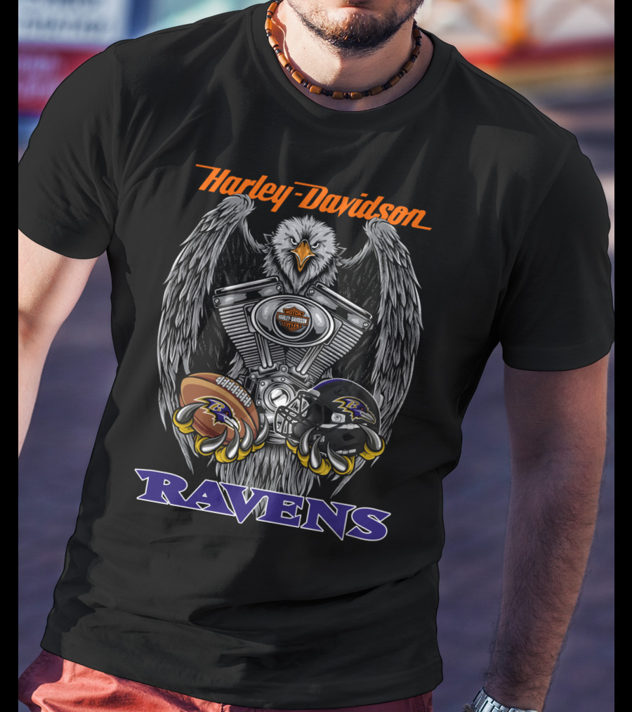Harley Davidson Ravens V-Twin Engine Baltimore Football Helmet And Ball T-Shirt