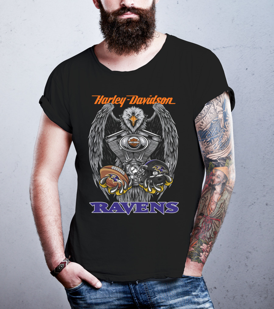 Harley Davidson Ravens V-Twin Engine Baltimore Football Helmet And Ball T-Shirt