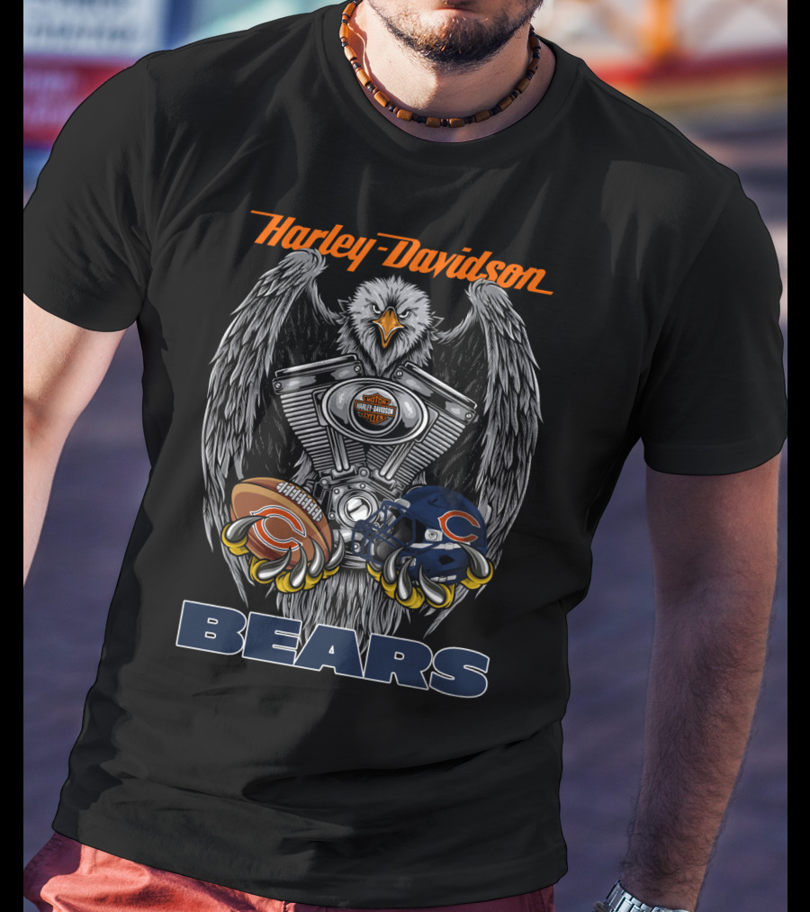 Harley Davidson Bears Football Helmet And Eagle Engine T-Shirt
