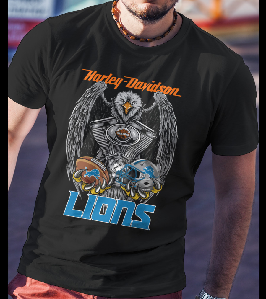 Harley Davidson Detroit Lions Eagle Football Engine T-Shirt