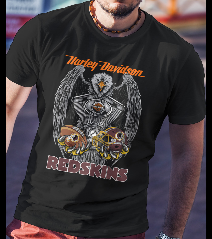 Harley Davidson Redskins Logo With Eagle Holding Football And Helmet T-Shirt