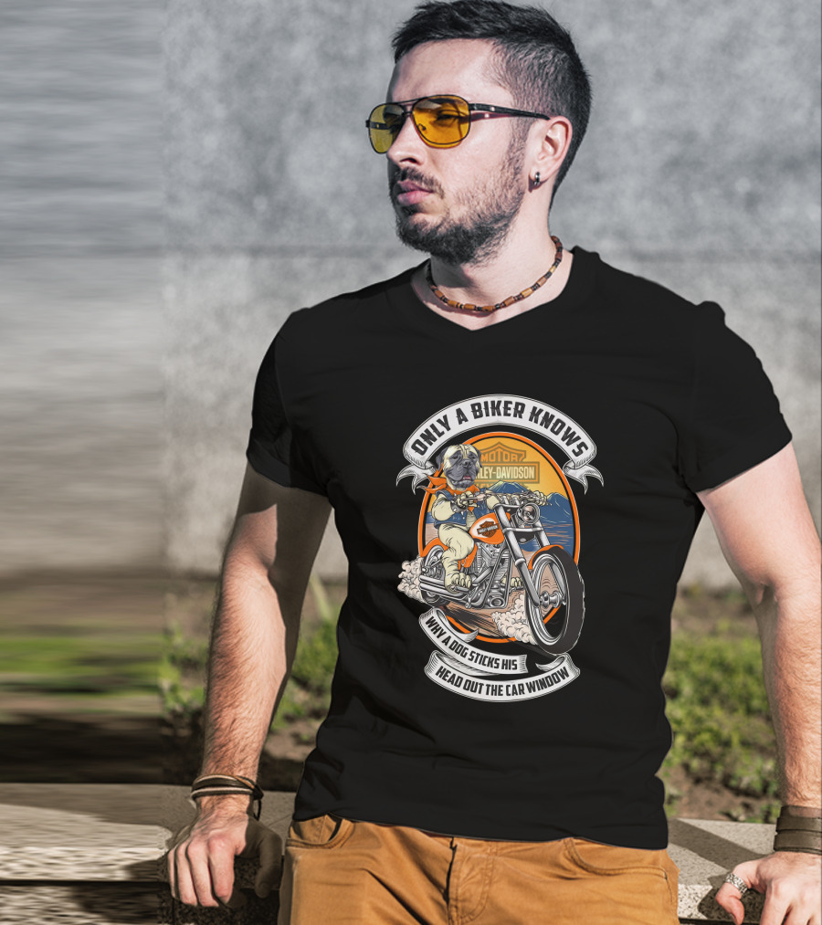 Only A Biker Knows Why A Dog Sticks His Head Out The Car Window Harley Davidson Bullmastiff T-Shirt