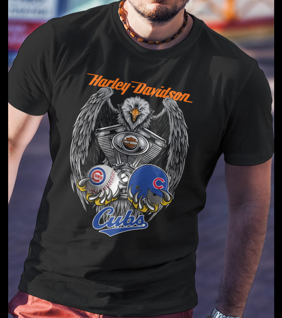 Harley Davidson Cubs Mlb Collaboration Eagle Baseball Helmet Engine T-Shirt