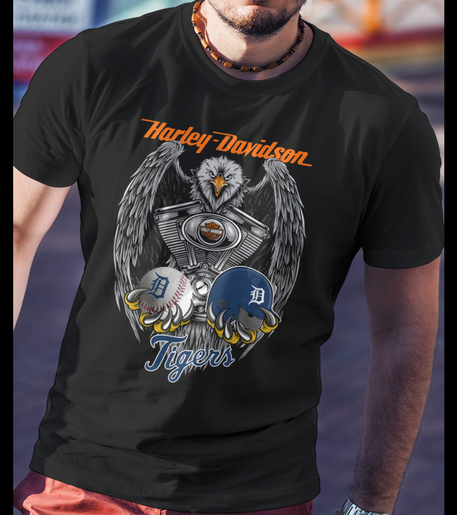 Harley Davidson Tigers Baseball Detroit Eagle Engine T-Shirt