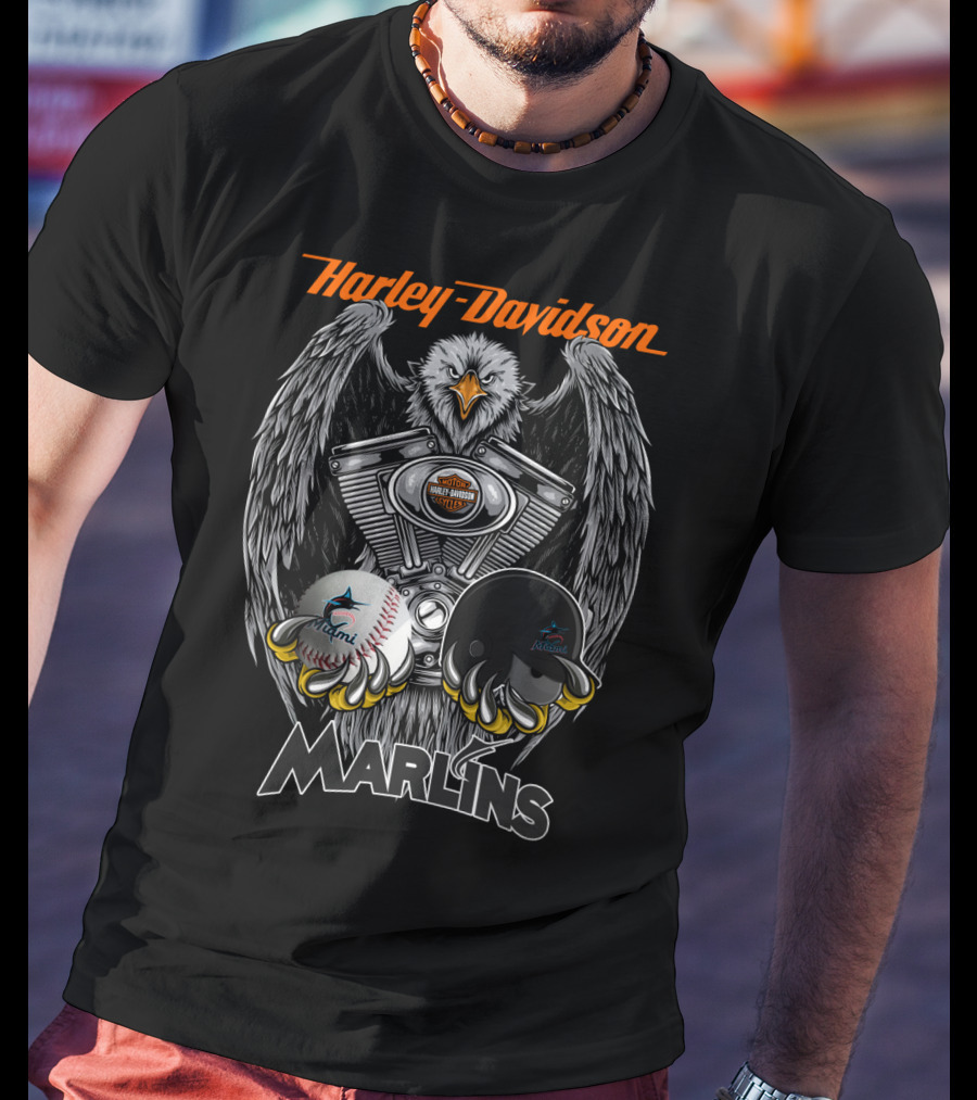 Harley Davidson Eagle Miami Marlins Baseball Helmet T-Shirt