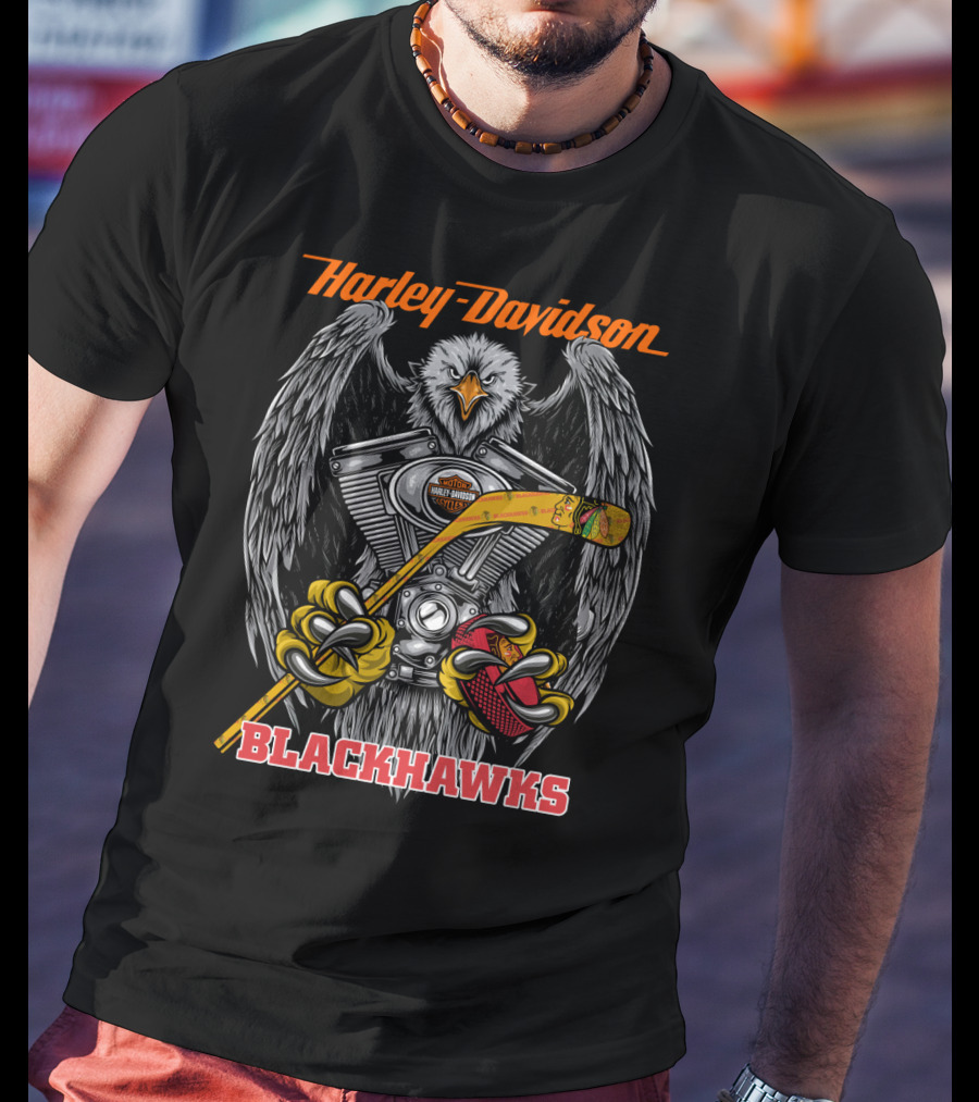 Harley Davidson Blackhawks Engine Eagle Hockey Stick T-Shirt