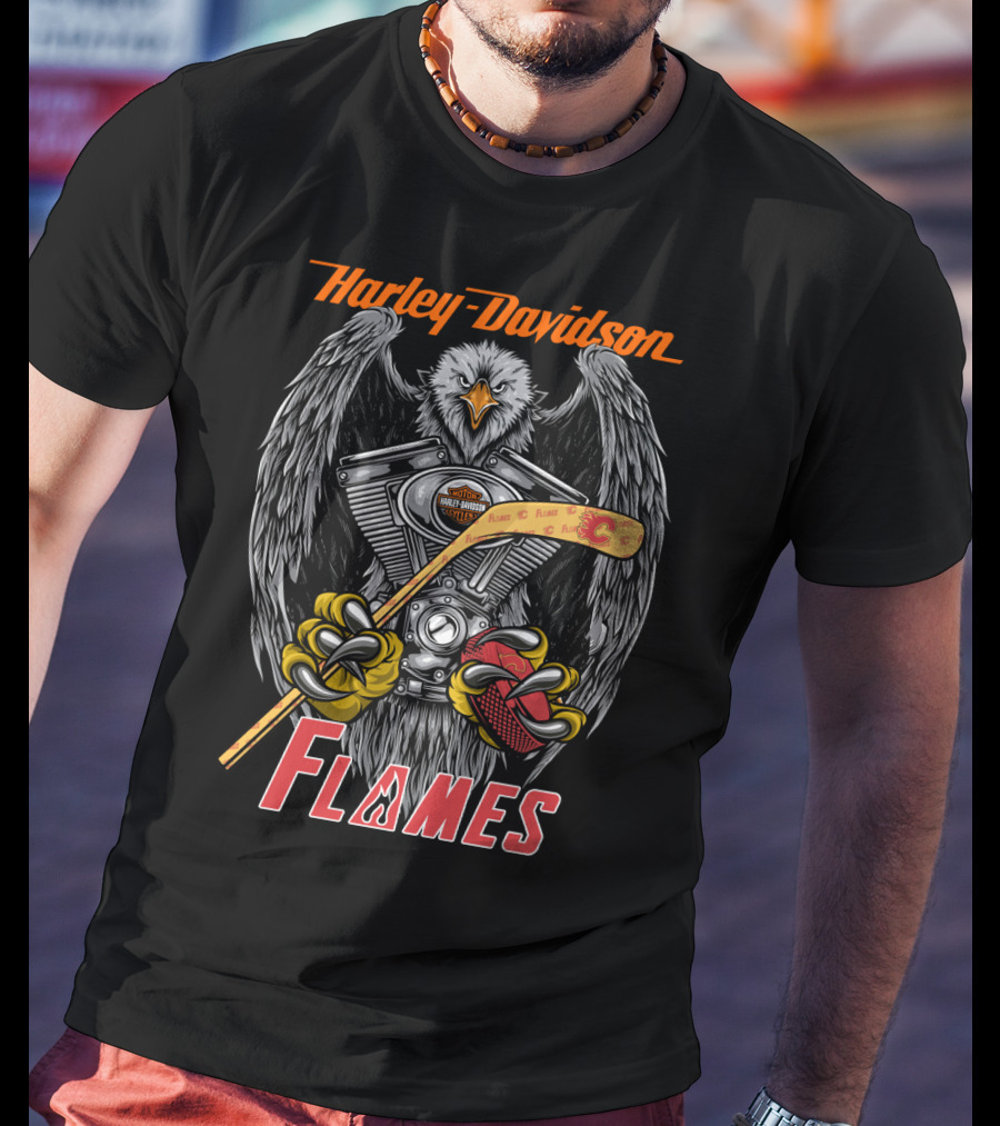 Harley Davidson Flames Nhl Calgary Hockey Eagle Engine T-Shirt