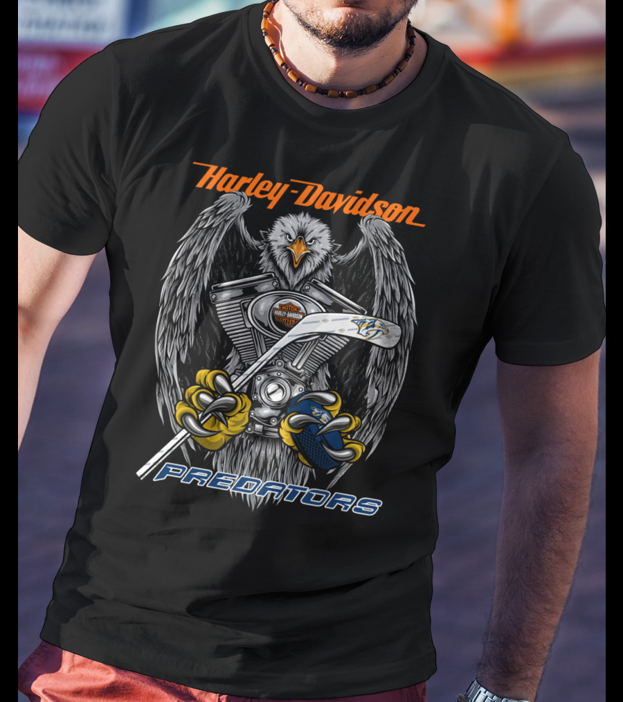 Harley Davidson Predators Nhl Eagles And Hockey Motif T-Shirt